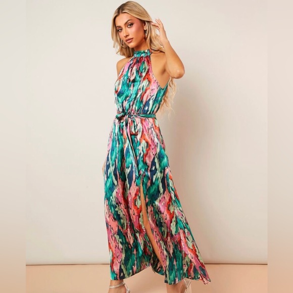 5 for $25! 💕 SHEIN Clasi Allover Print Split Thigh Belted Halter Dress - Picture 2 of 7